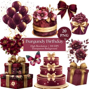 May include: A collection of burgundy-themed birthday elements, including balloons, a cake, a cupcake, gift boxes, a three-tiered cake, a bow, flowers, and a butterfly. The text "Burgundy Birthday" is displayed with additional details about the image resolution.