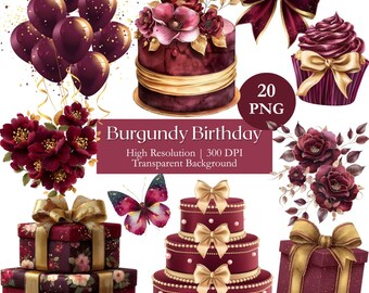 Burgundy Birthday Item Clipart Bundle, Watercolor Maroon Coquette Party PNG, Printable Old Money Wedding Graphics, Digital Download