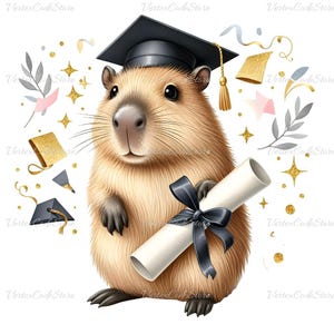 Transparente glücklich Abschluss Capybara Clipart niedlichen Tierbild Abschlussfeier Thema Aquarell Capy PNG digitale Download grad Kappe Diplom