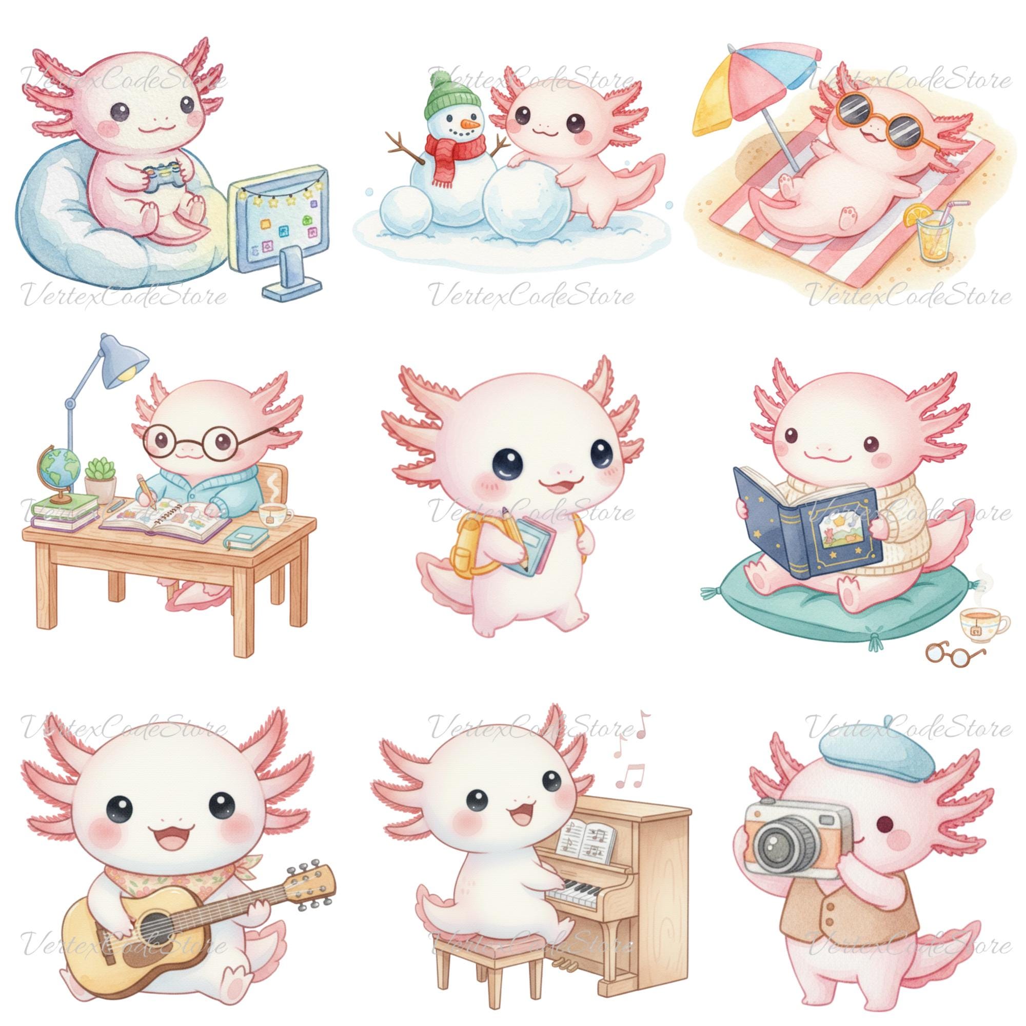 Watercolor Cute Axolotl Clipart Bundle, Kawaii Animal PNG Daily ...