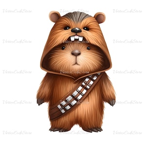 May include: A digitally painted illustration of a furry creature wearing a brown hooded costume with a bandolier. The costume resembles a Wookiee from Star Wars. The creature has a brown nose, small ears, and a friendly expression.