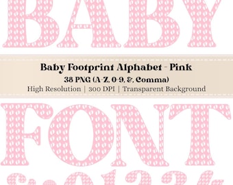 Pink Baby Footprint Alphabet Clipart Bundle A-Z 0-9 & Symbols, Baby Girl Shower Letters PNG, Nursery Monogram DIY, Digital Download