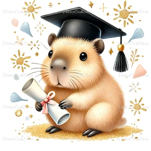 Capybara Diplôme transparent des cliparts aquarelle avec casquette et diplôme en téléchargement numérique Illustration animal mignon PNG