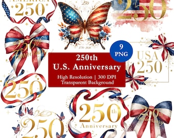 US 250 Years Anniversary PNG Bundle, Watercolor 4th of July Theme Clipart, Patriotic Illustrations America 250th Celebration, Commercial Use