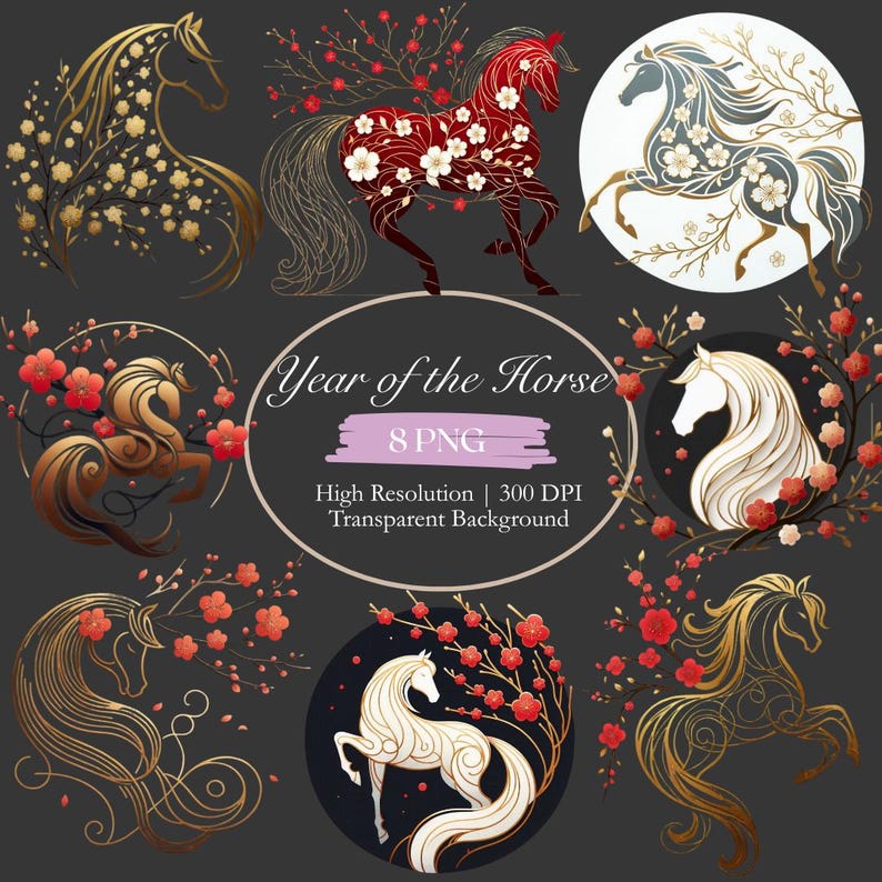 Year of the Horse Floral Clipart Bundle, Lunar New Year 2026 Horse PNG ...