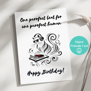 Druckbare DJ Cat Geburtstagskarte, Kalligraphie-Stil 5x7 Geburtstag PDF, niedliches Tier schwarz und weiß druckbare Karte, digitaler Download
