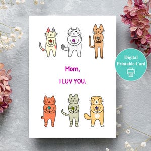 Envelope para cartão de Dia das Mães para impressão incluso, cartão de felicitações com gatos para download digital, cartão PDF dobrado 5x7 para impressão em casa para amantes de gatos