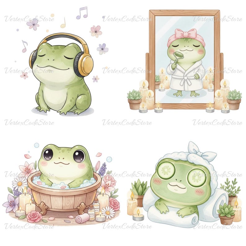 Spa Chibi Kawaii Chibi Frog Self-care / Spa Clipart, Watercolor Cute Animal ...
