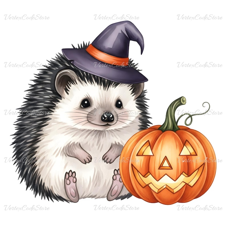 May include: A watercolor illustration of a hedgehog wearing a witch hat with an orange band, sitting next to a carved jack-o'-lantern. The hedgehog has gray and white quills and a cute expression, perfect for Halloween.