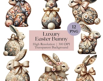 Luxury Easter Bunny Clipart Bundle, Antique Rabbit with Bow PNG, Spring Animal with Floral Pattern Sublimation Design, Commercial License