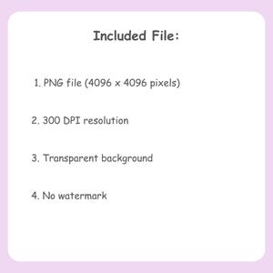 May include: A light purple background with a white rounded rectangle containing the text "Included File:". The text lists the file type, resolution, background type, and watermark status.