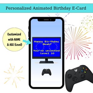 男の子向けのパーソナライズされたアニメーション付き誕生日eカード、グリーティングカード、バーチャルビデオメッセージデジタル、孫、甥、兄弟、息子、ゲーム愛好家向け