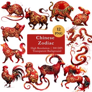 Puede incluir: Doce ilustraciones de animales del zodiaco chino en rojo y dorado. Los animales incluyen una rata, un buey, un tigre, un conejo, un cerdo, un dragón, un perro, un gallo, un mono, una cabra y un caballo. Incluye el texto "Chinese Zodiac".