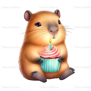 Clipart de cumpleaños de capibara en acuarela, imagen de cupcake de animal bebé, diseño de sublimación de cumpleaños de capibara, lindo capibara kawaii PNG para uso comercial