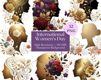 International Women's Day Clipart Bundle, Gold Woman Silhouette Floral PNG, Luxury Female Empowerment Printable Art, Commercial License