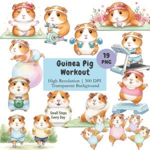 Puede incluir: Ilustraciones en acuarela de cobayas realizando diversas actividades de entrenamiento. La imagen incluye cobayas usando equipos de ejercicio, haciendo yoga y levantando pesas. El texto en la imagen dice "Guinea Pig Workout" y "Small Steps Every Day."