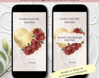 Editable Digital Scratch Card, Custom Scratch Off with Rose Heart, Floral Heart Scratch to Reveal, Romantic Surprise Message Wedding Gift