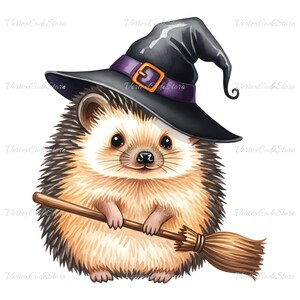 May include: A watercolor illustration of a hedgehog wearing a black witch hat with a purple band and gold buckle. The hedgehog holds a small brown broom. The image has a Halloween theme.
