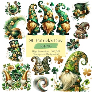 May include: A collection of St. Patrick's Day themed graphics. The image features gnomes in green hats with gold accents, shamrocks, a pot of gold, and a horseshoe. Text reads "St. Patrick's Day" and "16 PNG".