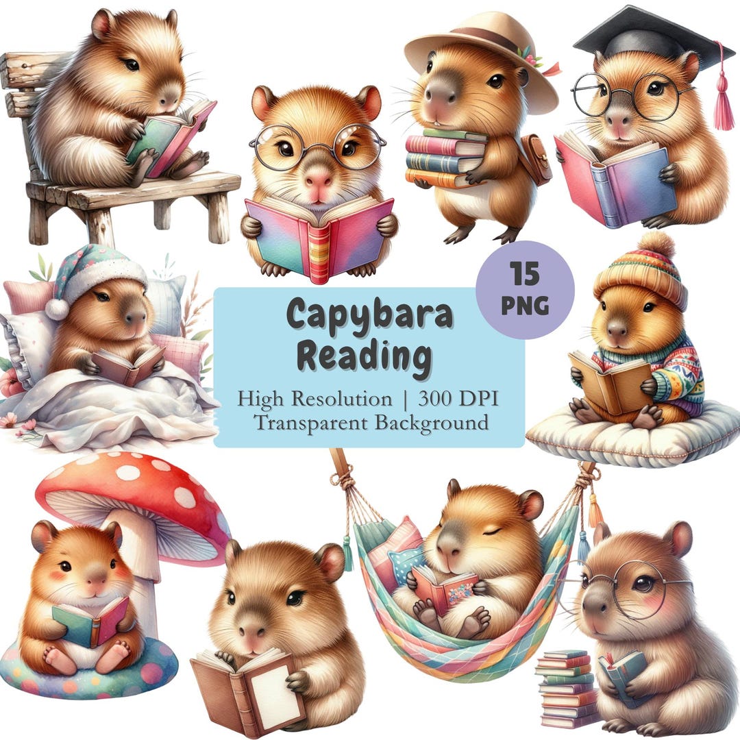 Capybara Riding Eagle Capybara Reading Book Clipart Bundle Watercolor Kawaii Bookish Animal ...