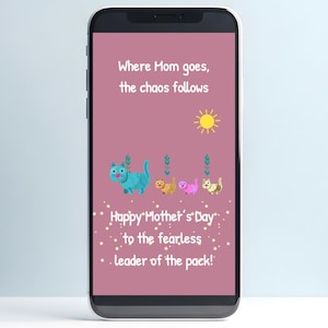 Tarjeta electrónica animada del Día de la Madre con un gato, lindo mensaje virtual para el Día de la Madre, divertida tarjeta digital con una mamá gata y sus hijos, descarga instantánea, MP4, PNG