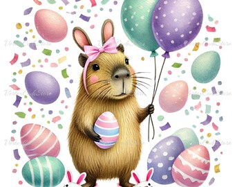 Funny Easter Capybara Watercolor Clipart, Kawaii Capybara with Bunny Ears Easter Design, Printable Pastel Animal PNG, Commercial License