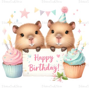 Birthday Capybara Clipart Pastel Baby Animal with Happy Birthday Banner PNG Cute Rodent Image Printable Watercolor Kawaii Art Digital