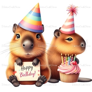 Transparente alles Gute zum Geburtstag Capybara Clip Art, Aquarell Capy Bild Feier Thema Digital Download, niedliches Tier PNG Bday Kuchen Party Hut