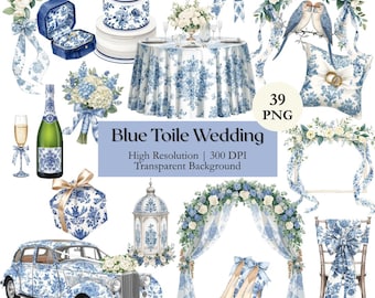 Blue French Toile Wedding Clipart, Floral Toile Wedding Elements PNG, Printable Bridal Shower, Invitation, Romantic Graphics, Commercial Use