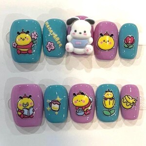 Uñas postizas con personajes de dibujos animados kawaii: lindo cachorro en 3D y juego de uñas con diseños coloridos