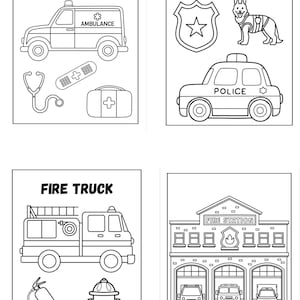 Könnte beinhalten: Schwarz-Weiß-Strichzeichnungen von Notfallfahrzeugen und verwandten Gegenständen. Enthält einen Krankenwagen, ein Polizeiauto, einen Feuerwehrwagen und eine Feuerwache. Außerdem abgebildet sind ein Stethoskop, ein Verband, ein Erste-Hilfe-Kasten, eine Polizeimarke, ein Polizeihund, ein Feuerlöscher und ein Hydrant.