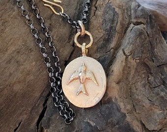 Artisan Gold Bronze Swallow Medallion Necklace - Alchemist Collection - Bird Pendant Chain Necklace Golden Medal Necklace by 3DivasStudio