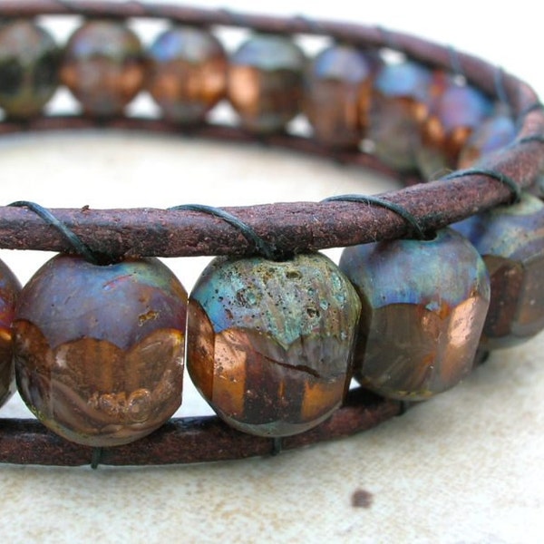 Copper Creek - Rustic leather wrap bracelet, rust brown, czech glass, aged cut stone, autumn earthtones