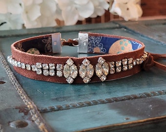 ON SALE! Choker Necklace with Leather and Rhinestones - Diamonds & Dust - Vintage Southwestern Boho Necklace - Boho jewelry by 3DivasStudio