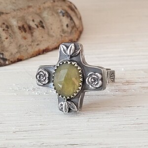 Rustic Sterling Silver Cross Ring - Vesuvianite gemstone - Adjustable Size 8 1/2