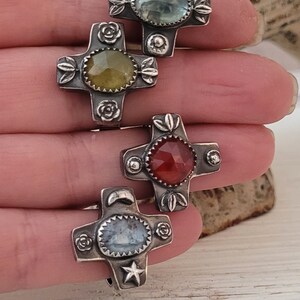 Rustic Sterling Silver Cross Ring - Vesuvianite gemstone - Adjustable Size 8 1/2