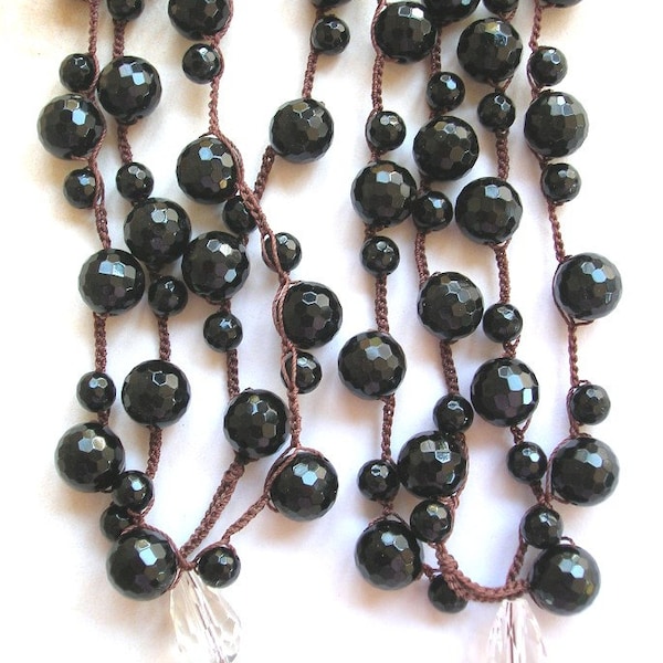 Black onyx crochet necklace - Gigi - long black necklace, crochet jewelry, gemstone necklace, long necklace, boho jewelry by 3divasstudio