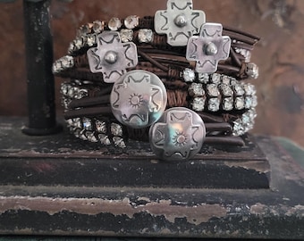 Rhinestone Leather Wrap Bracelets with Artisan Silver Buttons - Diamonds & Dust - Southwestern Style Jewelry