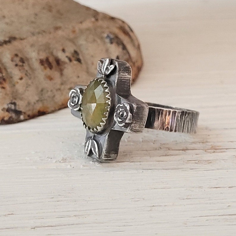 Rustic Sterling Silver Cross Ring - Vesuvianite gemstone - Adjustable Size 8 1/2