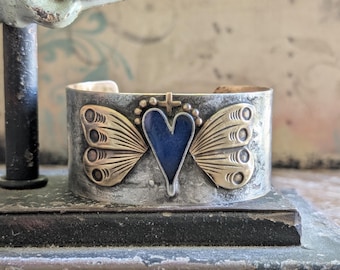 Faith Soars Brass Cuff Bracelet with Heart with Wings & Cross