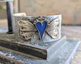 Faith Soars Brass Cuff Bracelet Heart with Wings & Cross, Rustic Handmade Jewelry