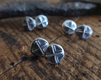 Silver Stud Earrings - Unisex Ear Studs - Ancient Silver Cross Earrings - Silver Boho Earrings