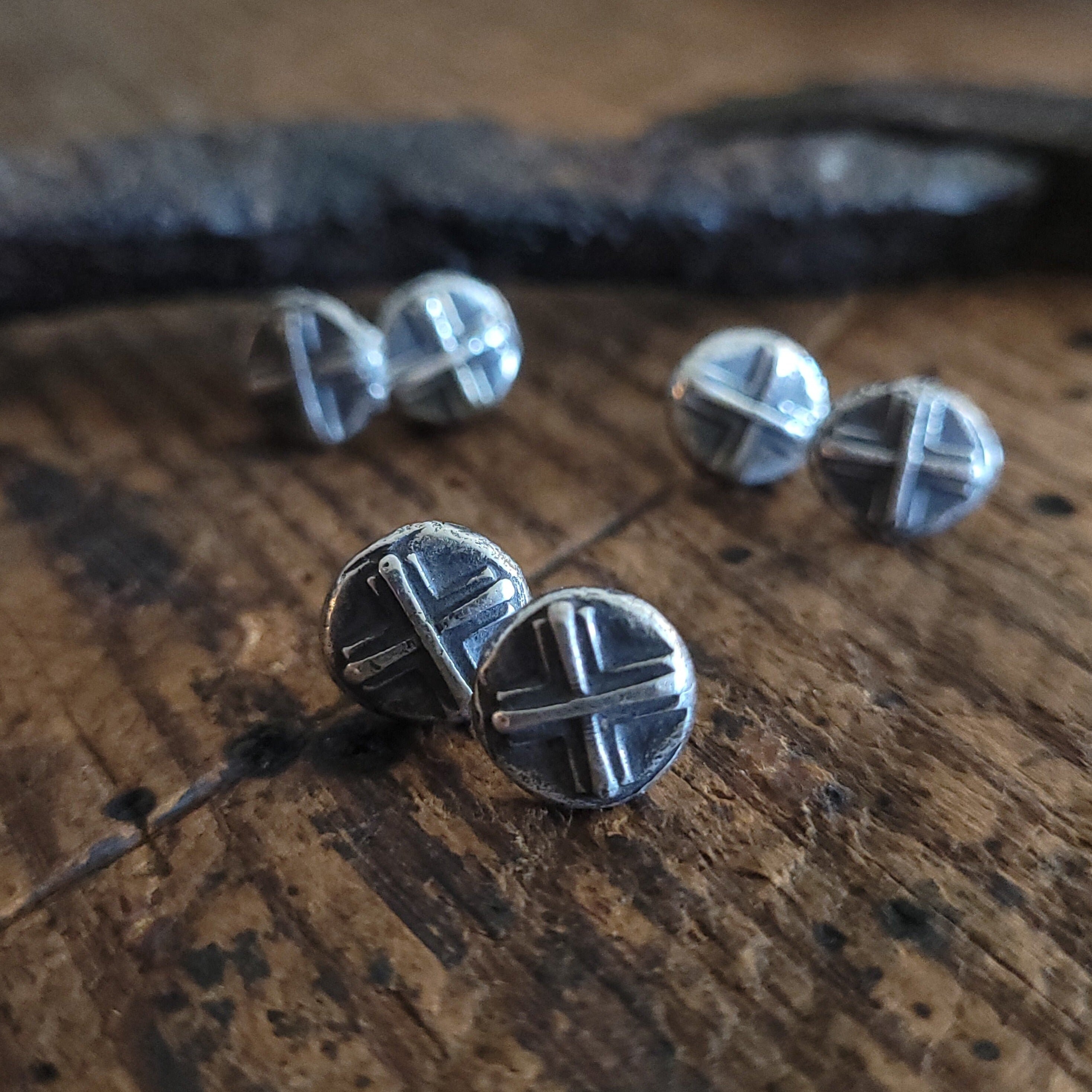 Silver Stud Earrings - Unisex Ear Studs - Ancient Silver Cross Earrings - Silver Boho Earrings