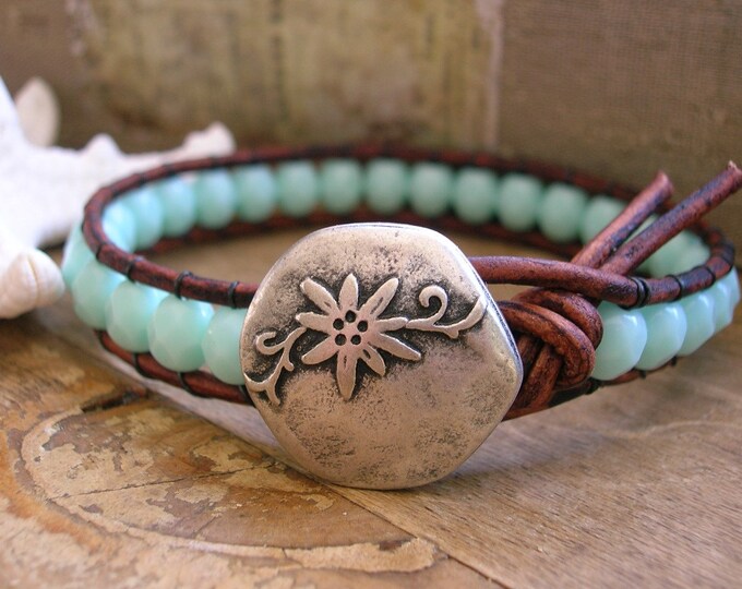 Mint Blue Leather Wrap Bracelet Rustic Vine Country Chic Etsy