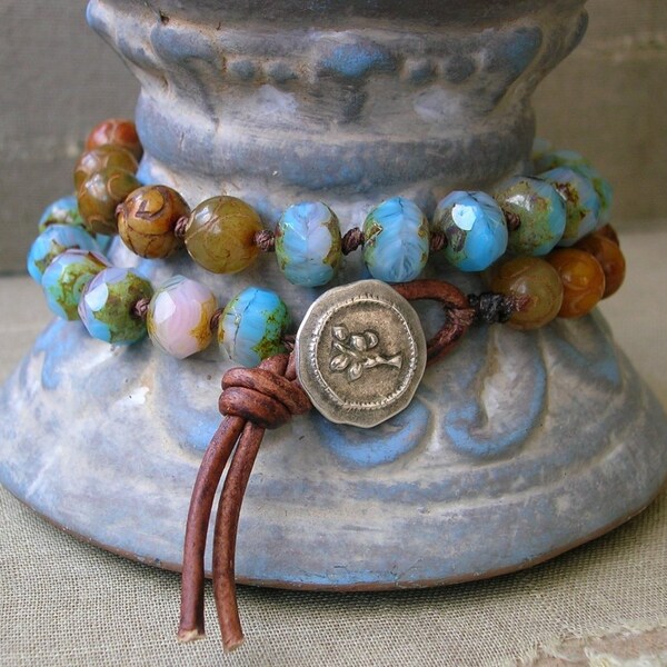 Boho chic knotted bracelet, leather, beaded wrap bracelet  - Earth & Sky - beach jewelry, sundance, aqua sky blue, Bohemian jewelry, jade