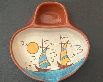 Portugal Artisan Red Clay Olive Dish Anibal Rosado Pottery Corval Sailboats Vintage