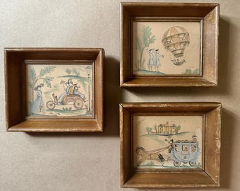 MCM Vintage Small Framed Transportation Lithograph Prints Carriage Balloon Car Lot of 3