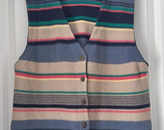 1990s Vintage First Issue Cardigan Sweater Vest 100% Cotton Blue Pink Tan Stripe