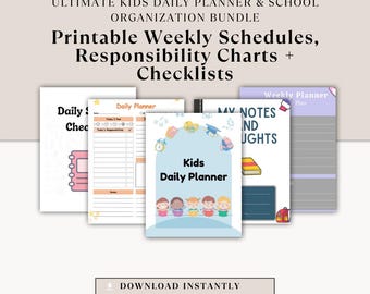 Puede incluir: Un paquete de planificadores diarios imprimibles para niños y herramientas de organización escolar. La imagen muestra una colección de horarios semanales, tablas de responsabilidad y listas de verificación imprimibles. El texto incluye "Kids Daily Planner" y "Download Instantly."