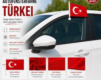 Set di 2 bandiere per auto della Turchia | Bandiere per finestrini auto | Bandiera turca | Resistenti alle intemperie | Merchandising per fan | 45 x 30 cm | Türkiye Bayrak | Accessori per auto